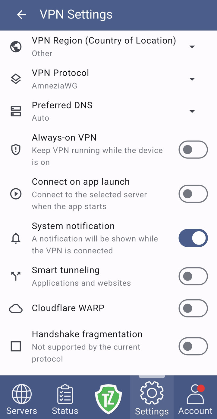 Trust.Zone VPN V2: settings